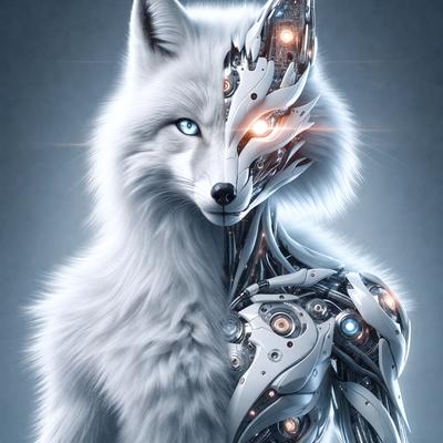 The primary subject of the image is a white wolf with blue eyes. The wolf is depicted in a futuristic setting, with its body and head separated into two distinct parts. The wolf's body is on the left side of the image, while its head is on the right side. The background features a blue sky, and the overall atmosphere is one of futuristic technology and intrigue.